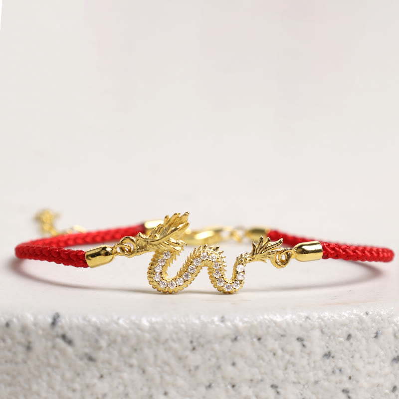 EverestArtstudios 925 Sterling Silver Year Of The Dragon Auspicious Golden Dragon Luck Red Rope Chain Bracelet