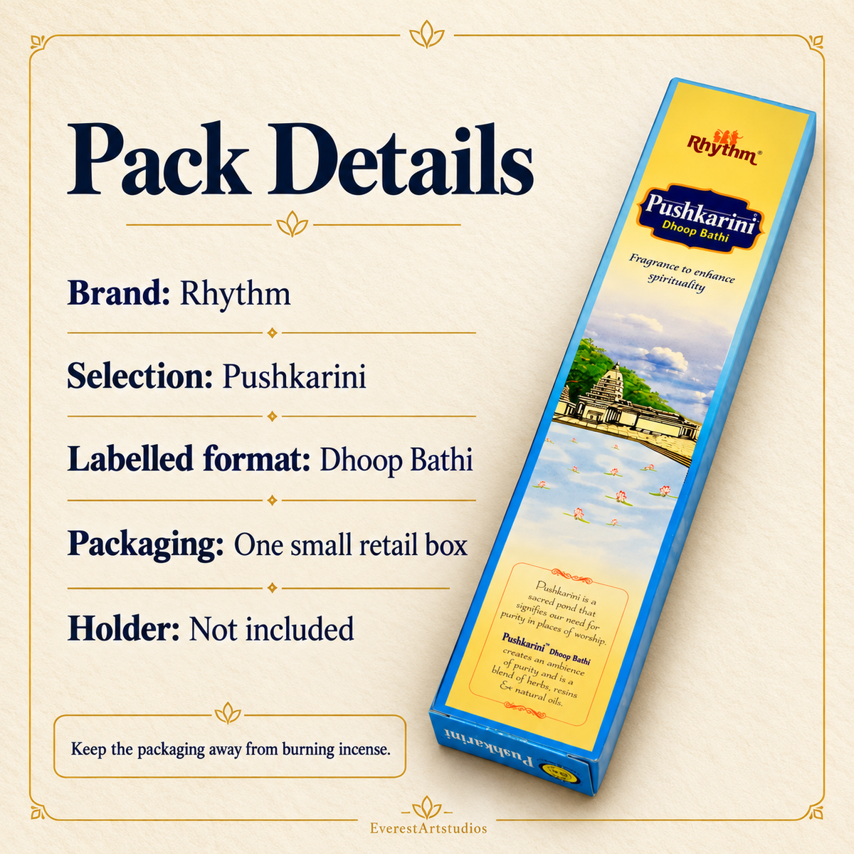 Rhythm Pushkarini dhoop incense, one retail box specifications