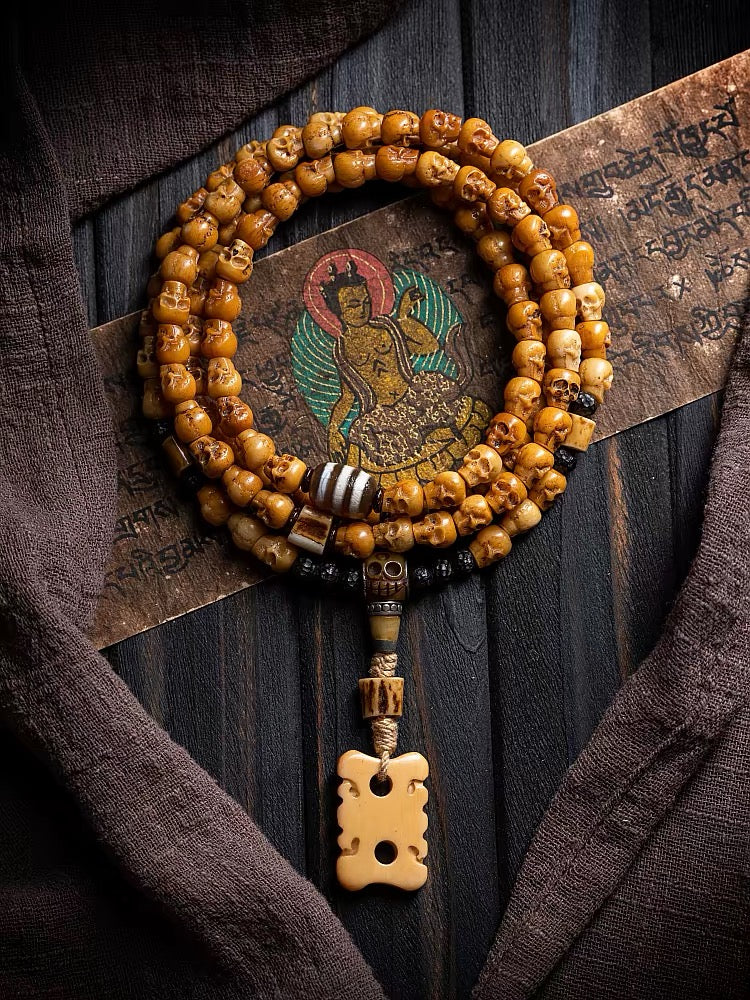 Yak Bone Skull Mala Bracelet: Tibetan Buddhist Prayer 108 Beads