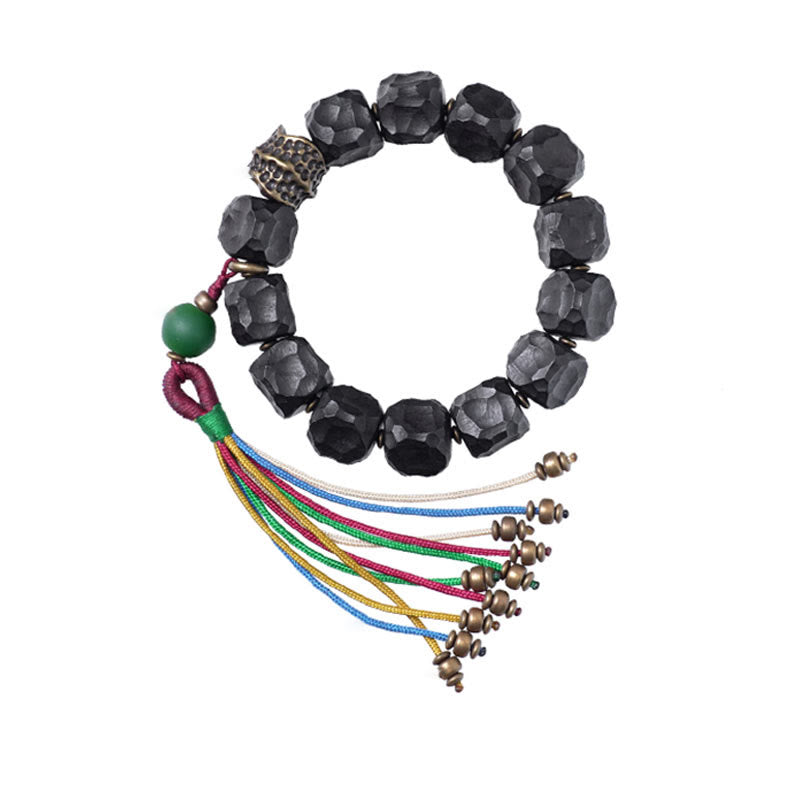 Buddha Stones Tibet Ebony Wood Copper Peace Tassel Wrist Mala Bracelet