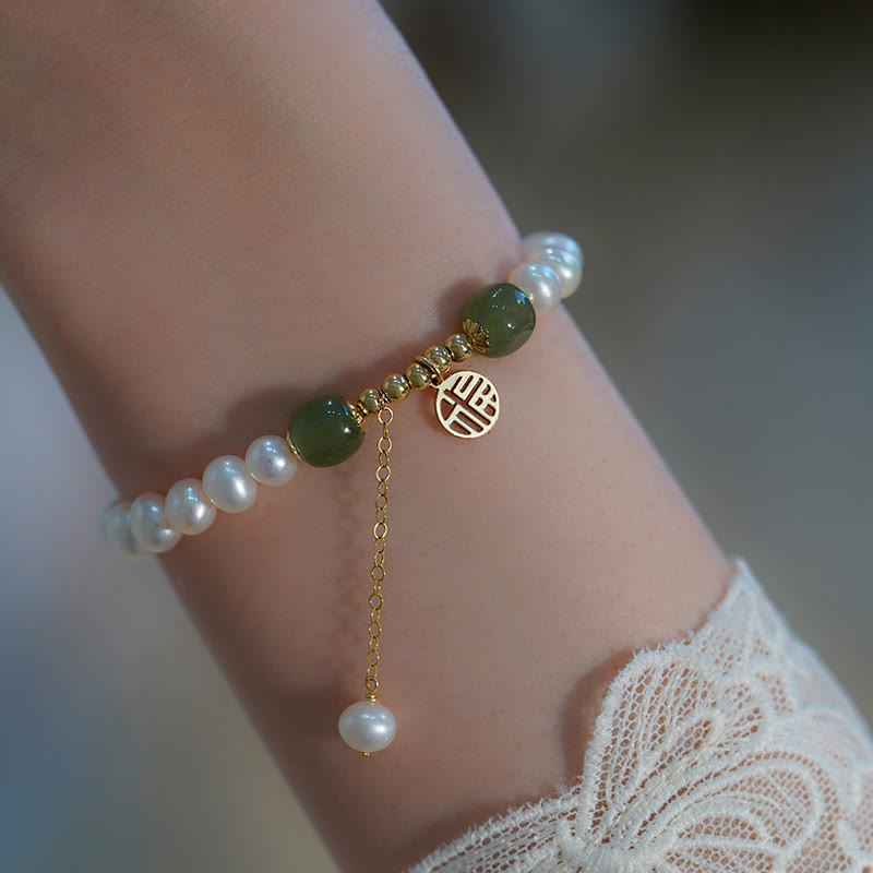 Buddha Stones Natural Pearl Hetian Jade Happiness Wisdom Bead Bracelet
