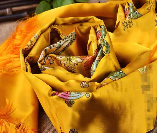Yellow Embroidered Tibetan Khata Scarf with Eight Auspicious Symbol