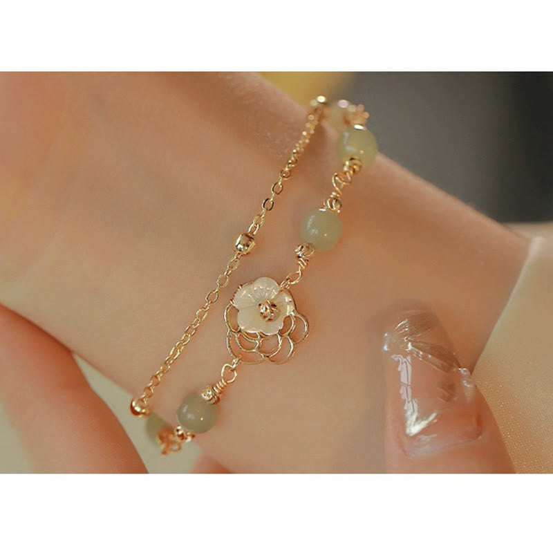 EverestArtStudios 14K Gold Plated Jade Butterfly Tridacna Stone Flower Double Layer Luck Bracelet