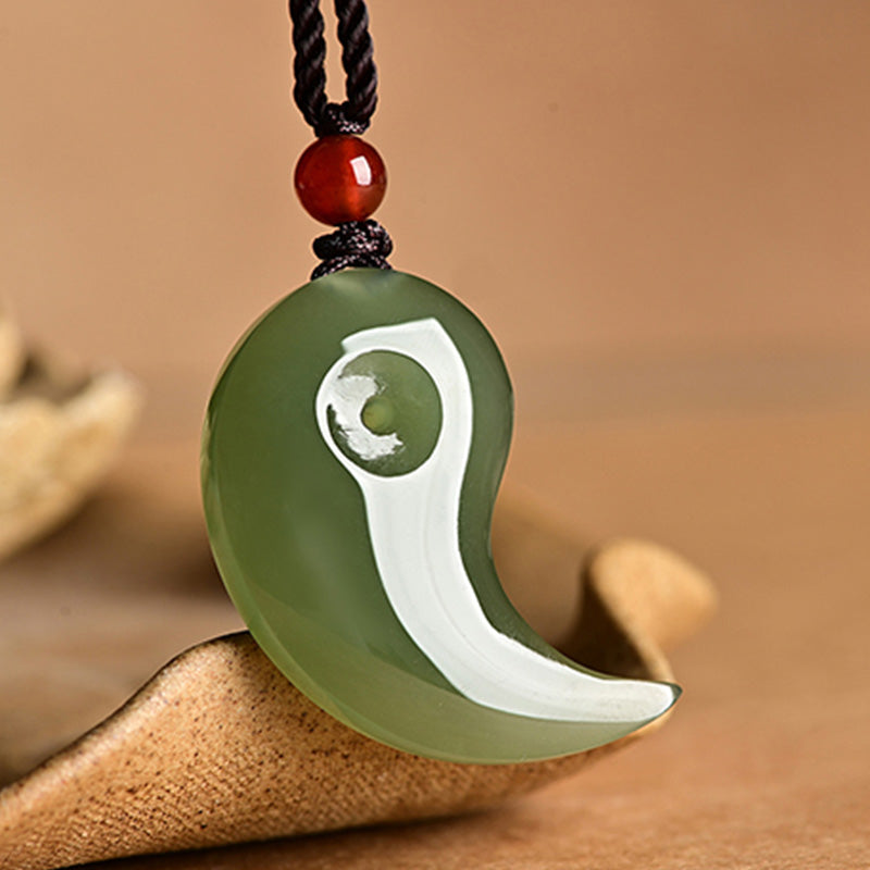 EverestArtstudios Yin Yang White Jade Cyan Jade Protection Blessing Necklace String Pendant
