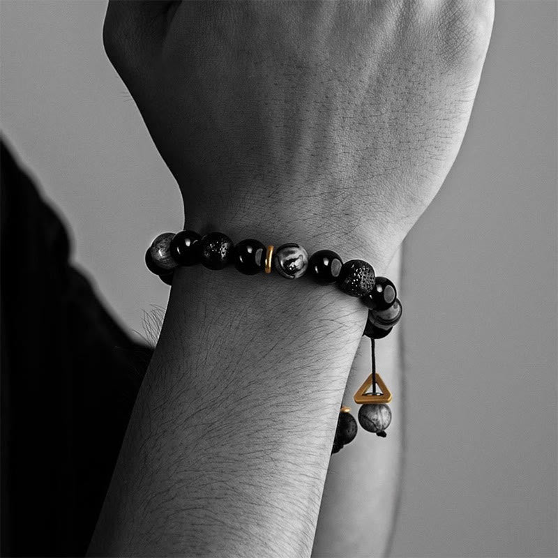 EverestArtStudios Black Obsidian Lava Rock Stone Yin Yang Strength Bracelet