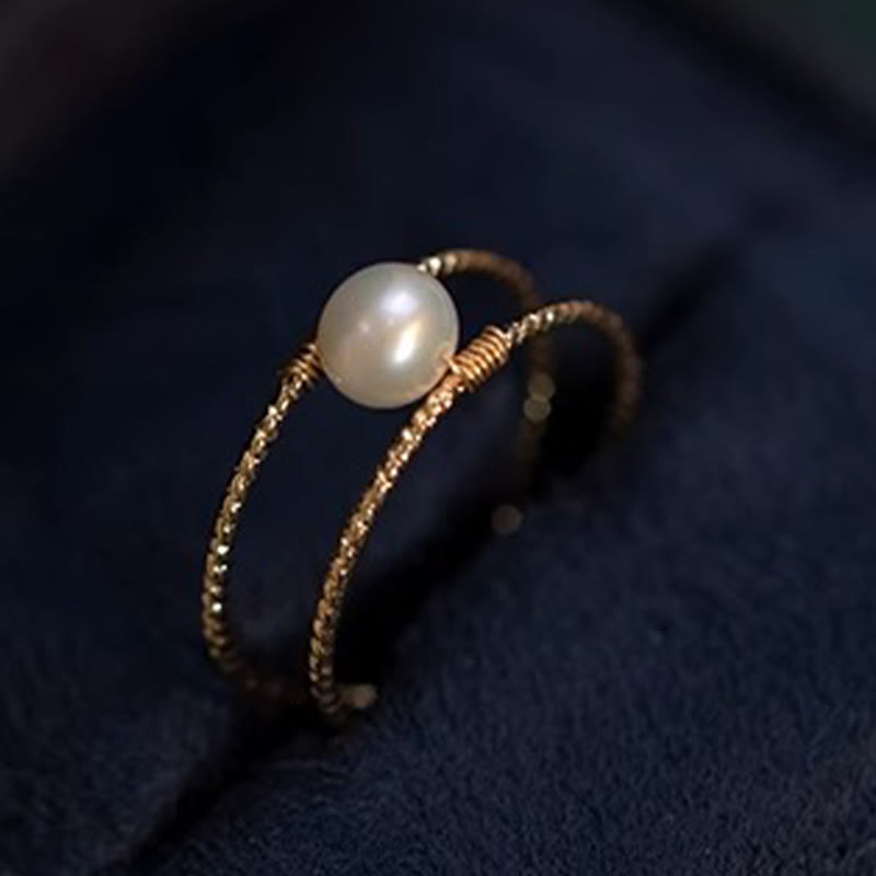 EverestArtstudios Round Jade Pearl Bead Double Layer Copper Luck Adjustable Ring