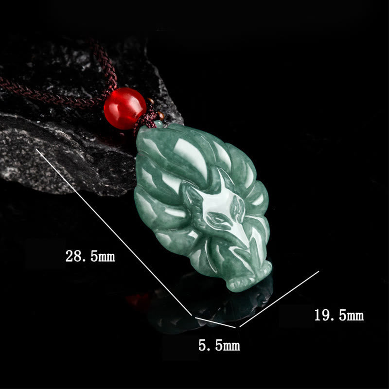 EverestArtstudios Natural Green Jade Nine Tailed Fox Luck Necklace Pendant