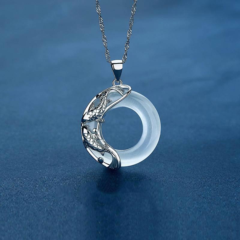 EverestArtstudios "Wishing Luck and Prosperity" White Jade Koi Fish Necklace Includes Gift Message Card