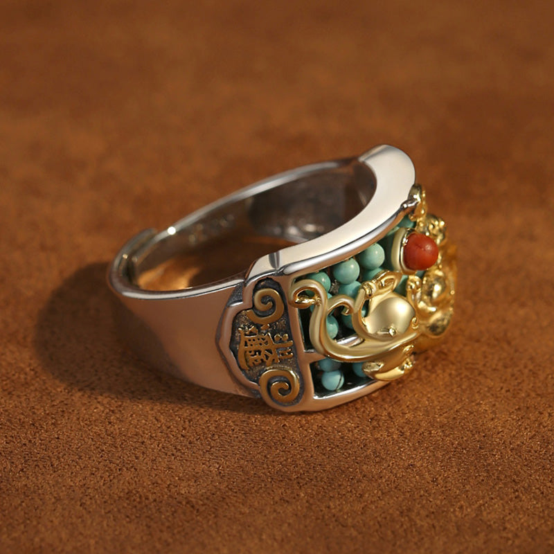 EverestArtStudios 925 Sterling Silver Turquoise Red Agate PiXiu Abacus Protection Ring