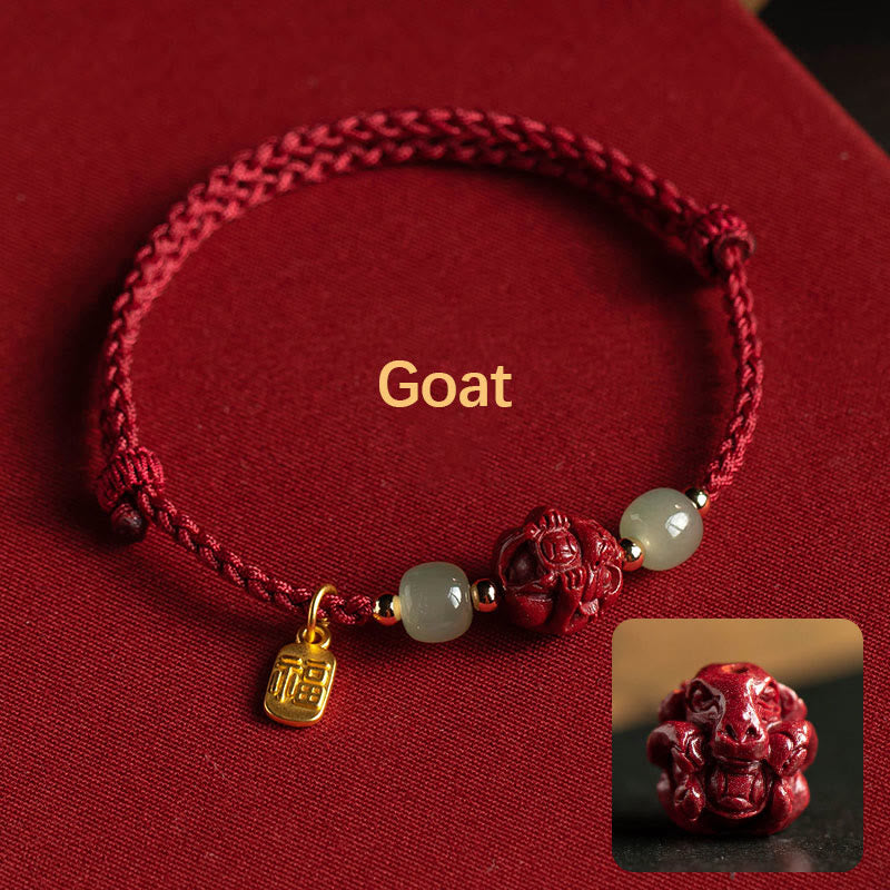 EverestArtstudios Natural Cinnabar Chinese Zodiac Hetian Jade Fu Character Luck Rope Bracelet