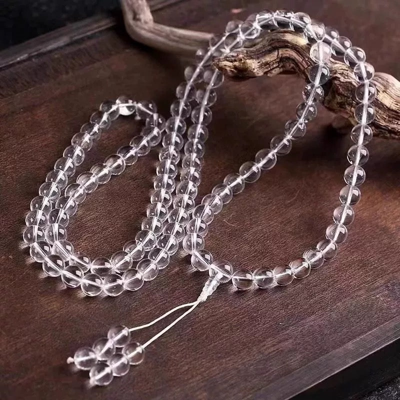 White Crystal 108-Bead Mala Bracelet / Necklace / Sweater Chain – 8mm