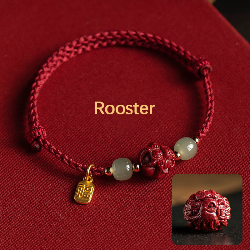 EverestArtstudios Natural Cinnabar Chinese Zodiac Hetian Jade Fu Character Luck Rope Bracelet
