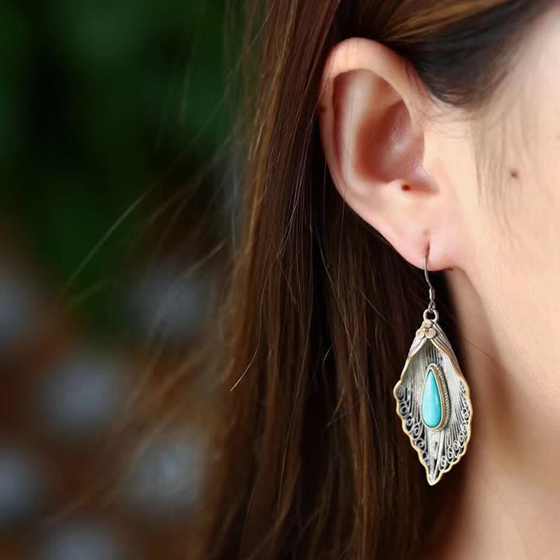 EverestArtStudios 925 Sterling Silver Turquoise Bodhi Leaf Pattern Protection Drop Dangle Earrings