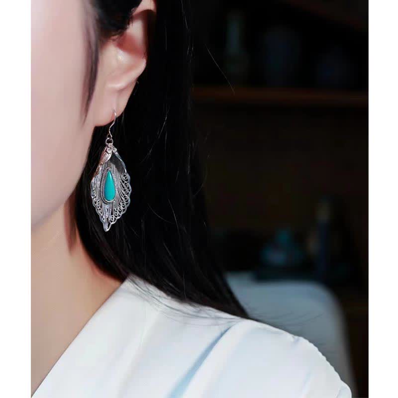 EverestArtStudios 925 Sterling Silver Turquoise Bodhi Leaf Pattern Protection Drop Dangle Earrings