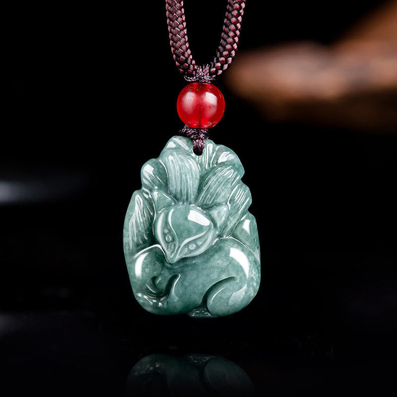 EverestArtstudios Natural Green Jade Nine Tailed Fox Engraved Prosperity Necklace Pendant