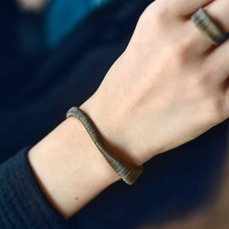 Buddha Stones Simple Design Wrapped Brass Copper Luck Wealth Adjustable Cuff Bracelet