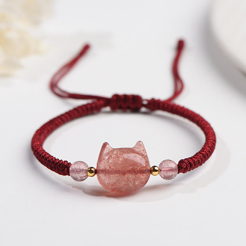 EverestArtstudios Handmade Natural Silver Sheen Obsidian Strawberry Quartz Cute Cat Protection Braided Bracelet