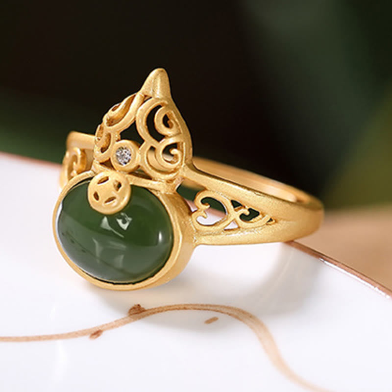 EverestArtstudios Gourd Cyan Jade Copper Coin Success Luck Adjustable Ring