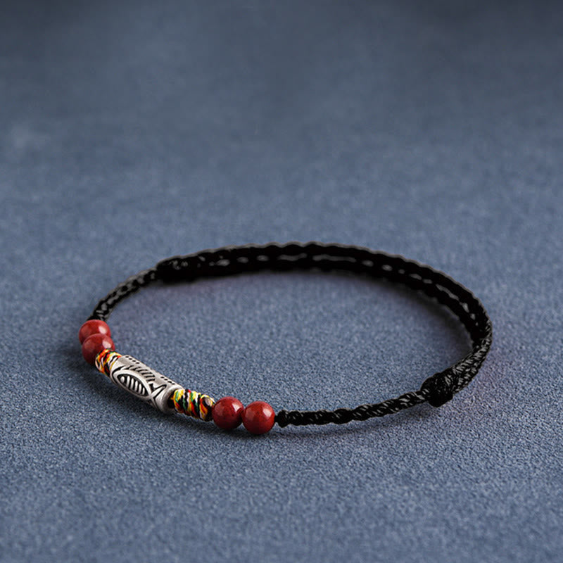 EverestArtstudios 925 Sterling Silver Koi Fish Cinnabar Bead Wealth Handcrafted Braided Bracelet Anklet