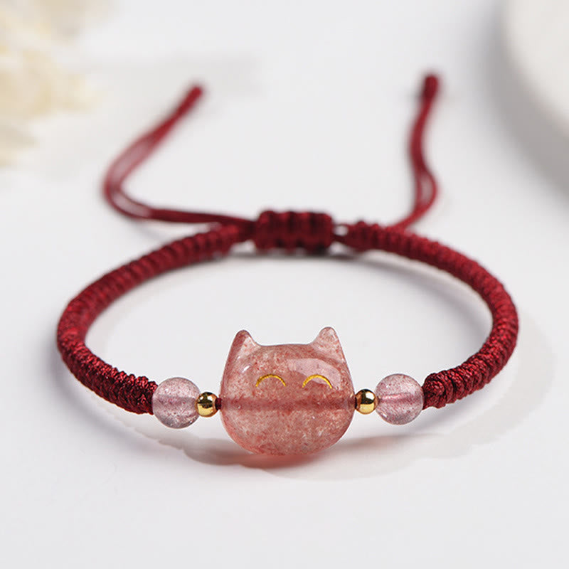 EverestArtstudios Handmade Natural Silver Sheen Obsidian Strawberry Quartz Cute Cat Protection Braided Bracelet