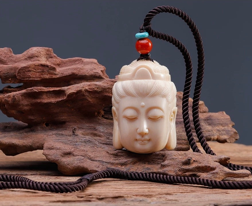 EverestArtStudios Natural Reclaimed Mammoth Ivory Guanyin Pendant, Hand Carved Buddha Head Necklace, Spiritual Amulet Gift, Meditation Jewelry