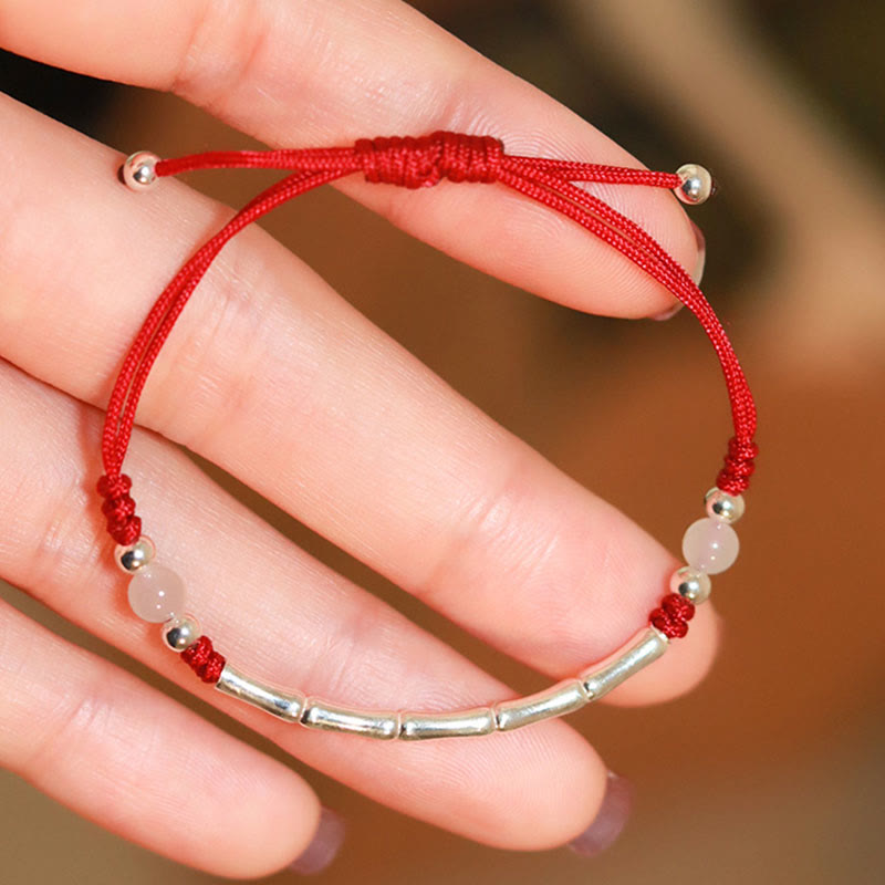 EverestArtstudios 925 Sterling Silver Bamboo White Agate Red Agate Bead Protection String Braided Bracelet