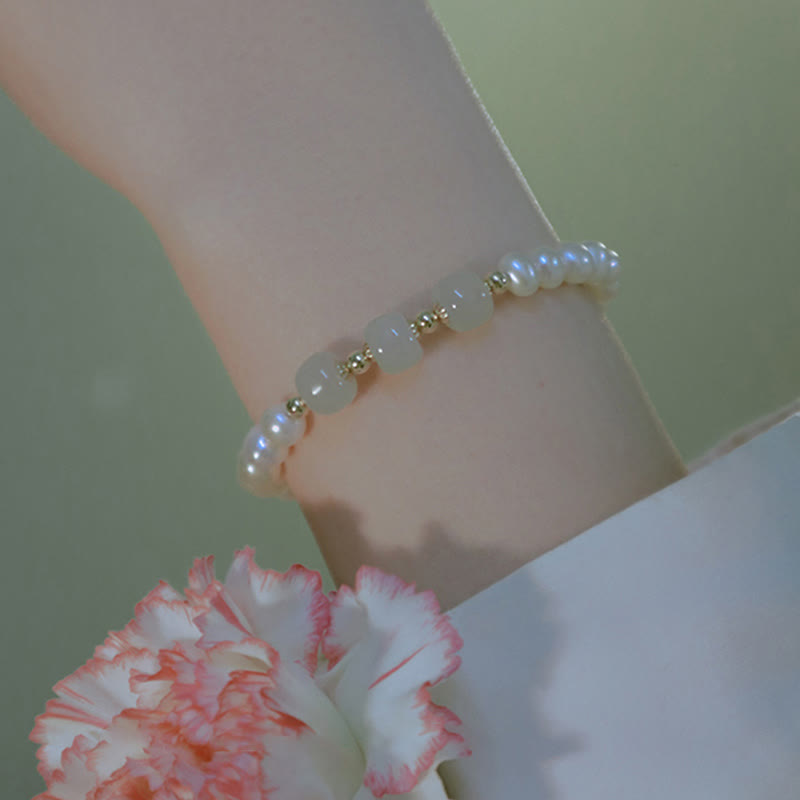 Buddha Stones 14K Gold Plated Natural Pearl Hetian Cyan Jade White Jade Sincerity Bead Chain Bracelet