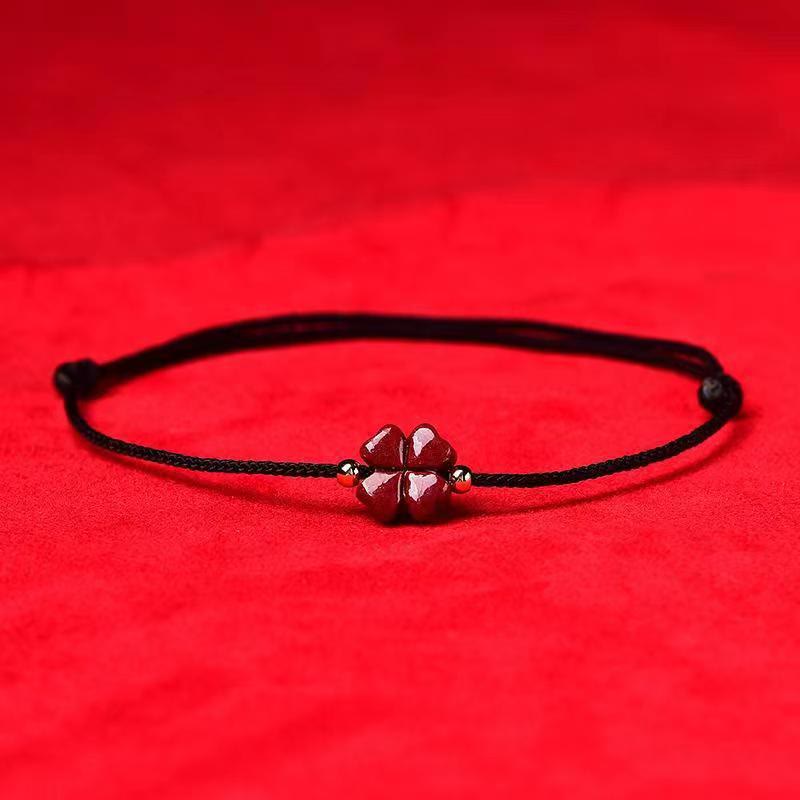EverestArtStudios Natural Cinnabar Four Leaf Clover Blessing Red String Bracelet Anklet
