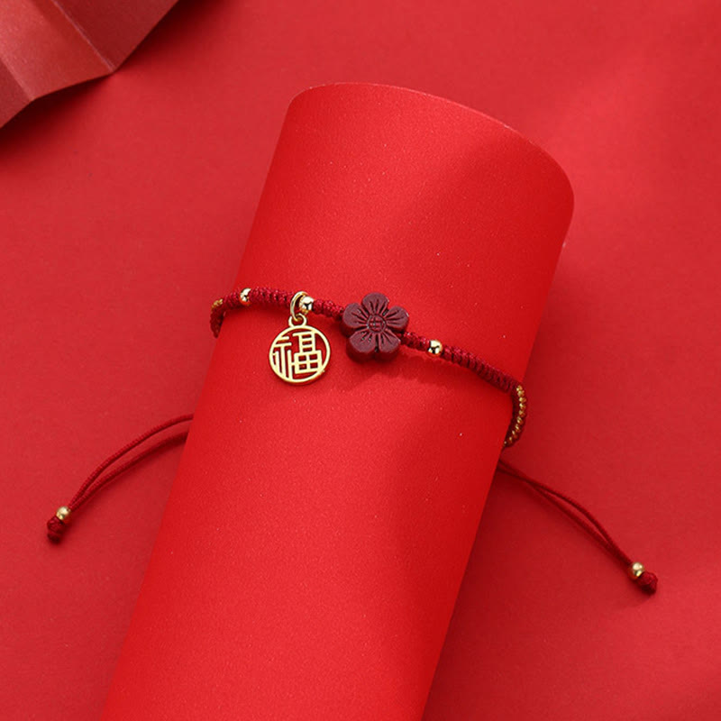 EverestArtstudios Cinnabar Flower Fu Character Blessing Braided String Bracelet