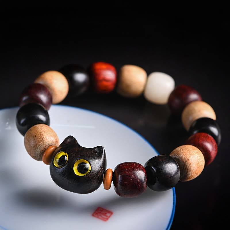 EverestArtStudios Small Leaf Red Sandalwood Ebony Wood Cute Cat Engraved Protection Bracelet