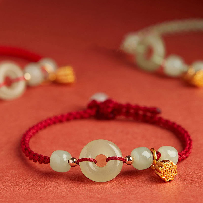 EverestArtstudios Round Peace Buckle Jade Lotus Happiness Abundance Wealth String Bracelet
