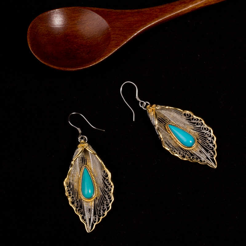 EverestArtStudios 925 Sterling Silver Turquoise Bodhi Leaf Pattern Protection Drop Dangle Earrings