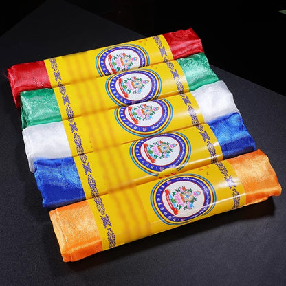 5 Colours Silk Tibetan Khata Scarf – Eight Auspicious Symbols, 300 cm × 41 cm (118” × 16”)