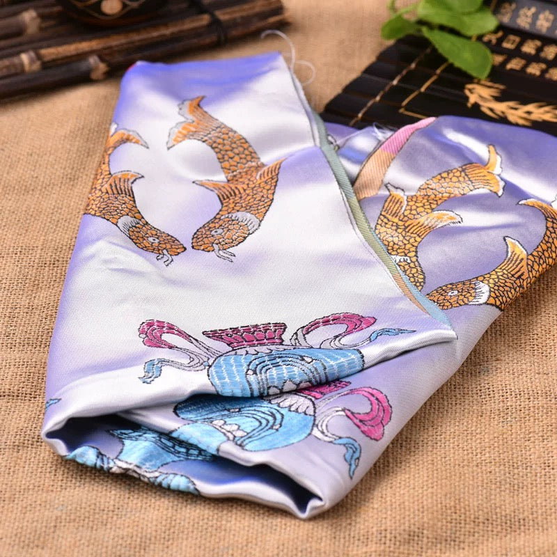 White Embroidered Tibetan Khata Scarf with Eight Auspicious Symbol