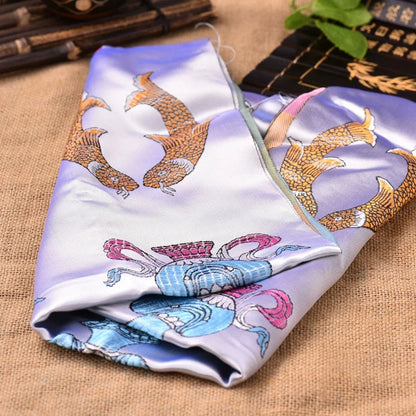 White Embroidered Tibetan Khata Scarf with Eight Auspicious Symbol