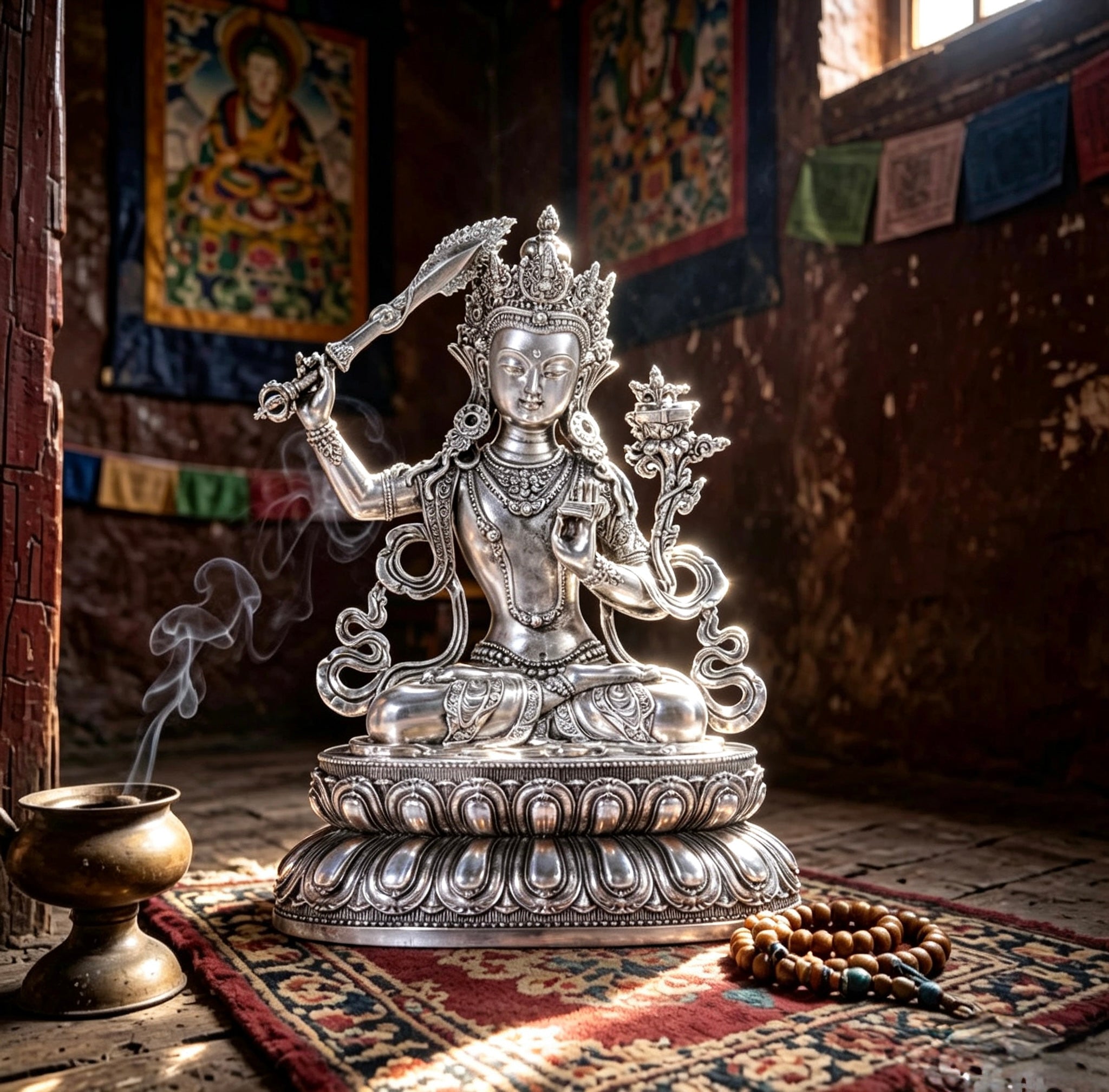 Multiple Statues Guru Rinpoche Tibetan Buddhist Buddha, Silver Plated White Copper Guru Rinpoche Figurine, Altar Shrine Meditation Decor