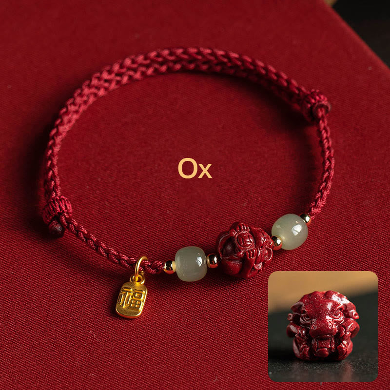 EverestArtstudios Natural Cinnabar Chinese Zodiac Hetian Jade Fu Character Luck Rope Bracelet