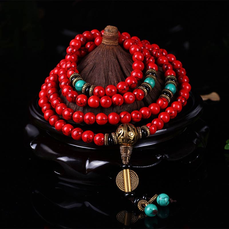EverestArtStudios 108 Beads Tibetan Mala Red Turquoise Lucky Necklace Bracelet