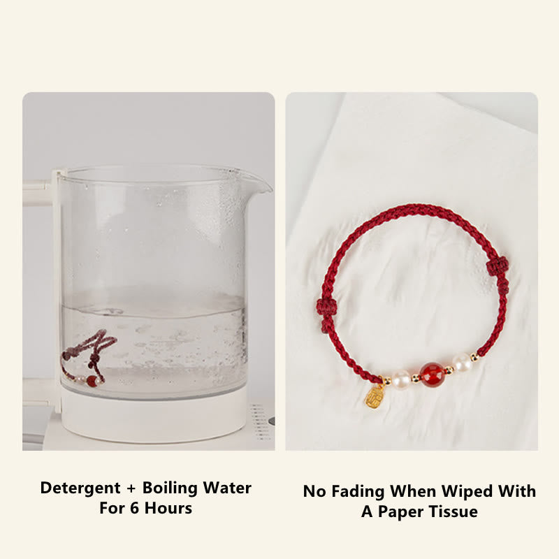 EverestArtstudios 925 Sterling Silver Good Fortune Fu Character Agate Pearl Red String Braid Bracelet