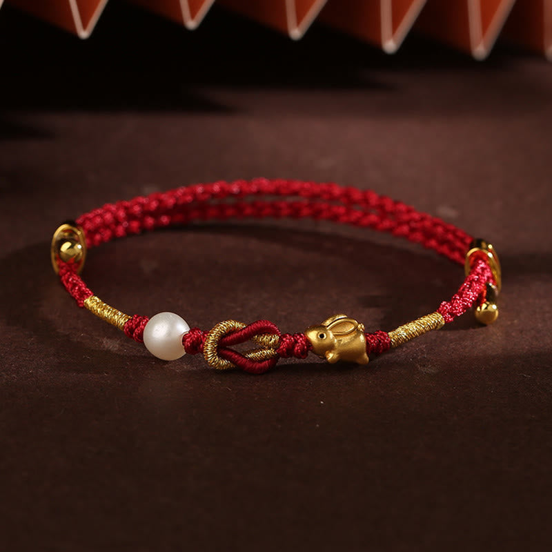 EverestArtStudios 24K Gold Wish Ruyi Handle Fu Character Rabbit Pearl Luck Braided Bracelet