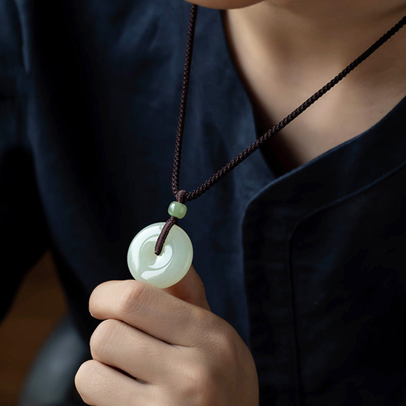 EverestArtstudios Natural Round Jade Peace Buckle Luck Prosperity Necklace Pendant