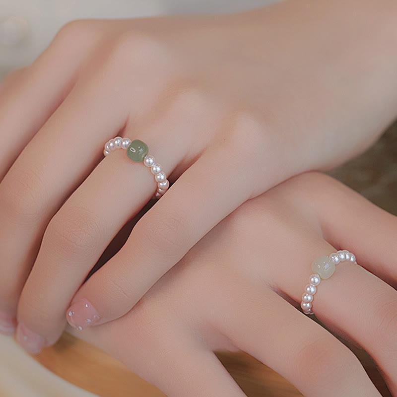 EverestArtstudios Round Jade Pearl Beads Luck Ring