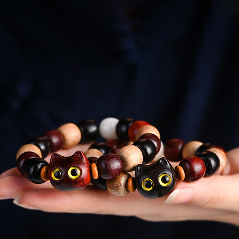 EverestArtStudios Small Leaf Red Sandalwood Ebony Wood Cute Cat Engraved Protection Bracelet