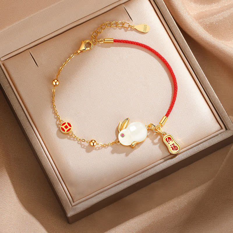 EverestArtstudios Year of the Rabbit White Jade Happiness Red String Chain Bracelet