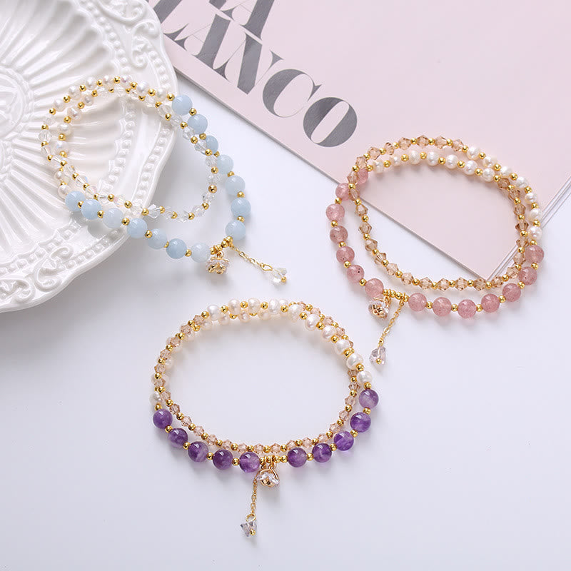 EverestArtstudios Natural Amethyst Aquamarine Strawberry Quartz Pearl Peace Healing Double Wrap Bracelet