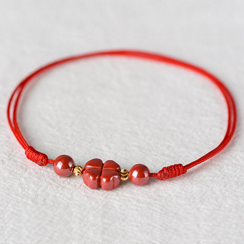 EverestArtstudios Four Leaf Clover Cinnabar Blessing Calm String Bracelet Anklet