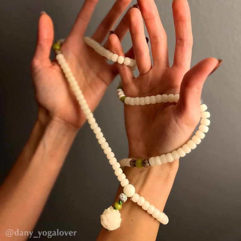 EverestArtStudios 108 Beads White Jade Bodhi Lotus Mala Harmony Necklace Bracelet