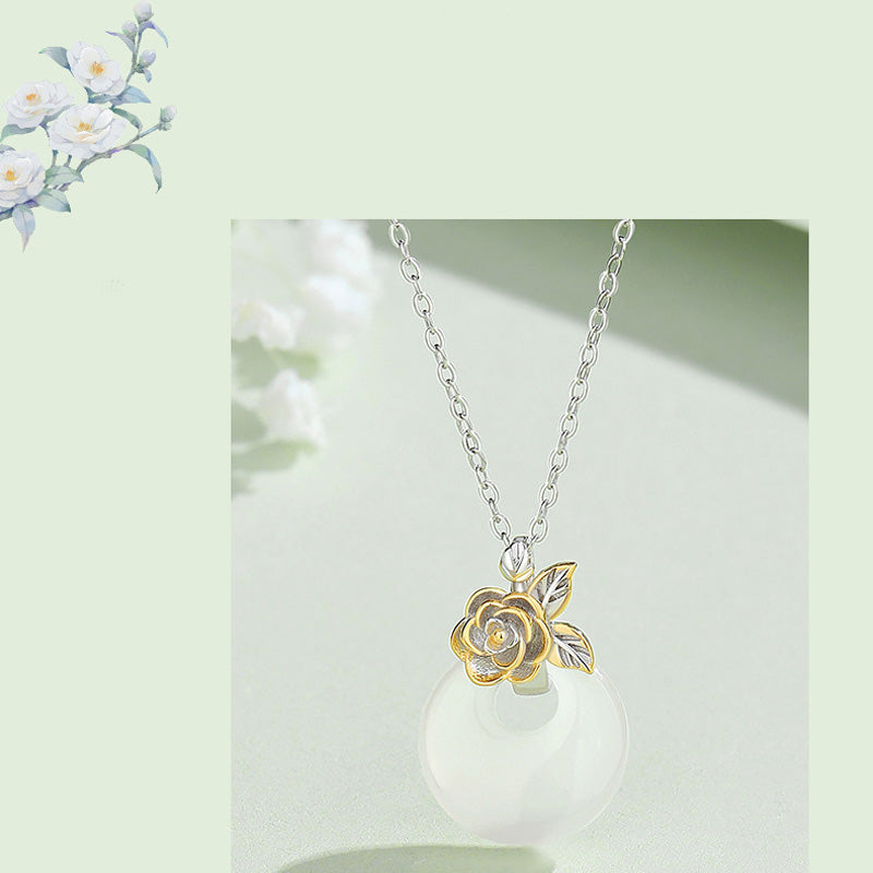 EverestArtstudios 925 Sterling Silver Round Chalcedony Twelve Months Flower Harmony Necklace Pendant