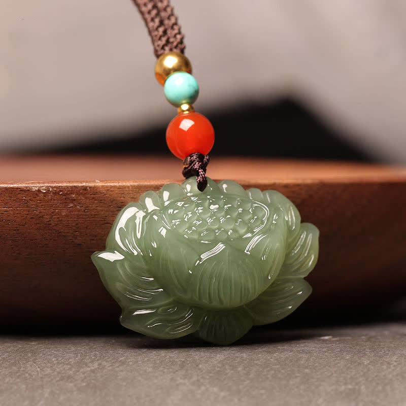 EverestArtstudios Hetian Cyan Jade Lotus Flower Success Necklace Pendant