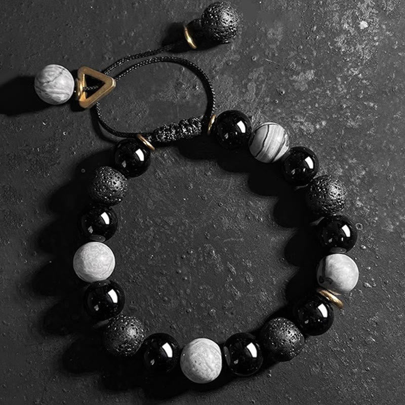 EverestArtStudios Black Obsidian Lava Rock Stone Yin Yang Strength Bracelet